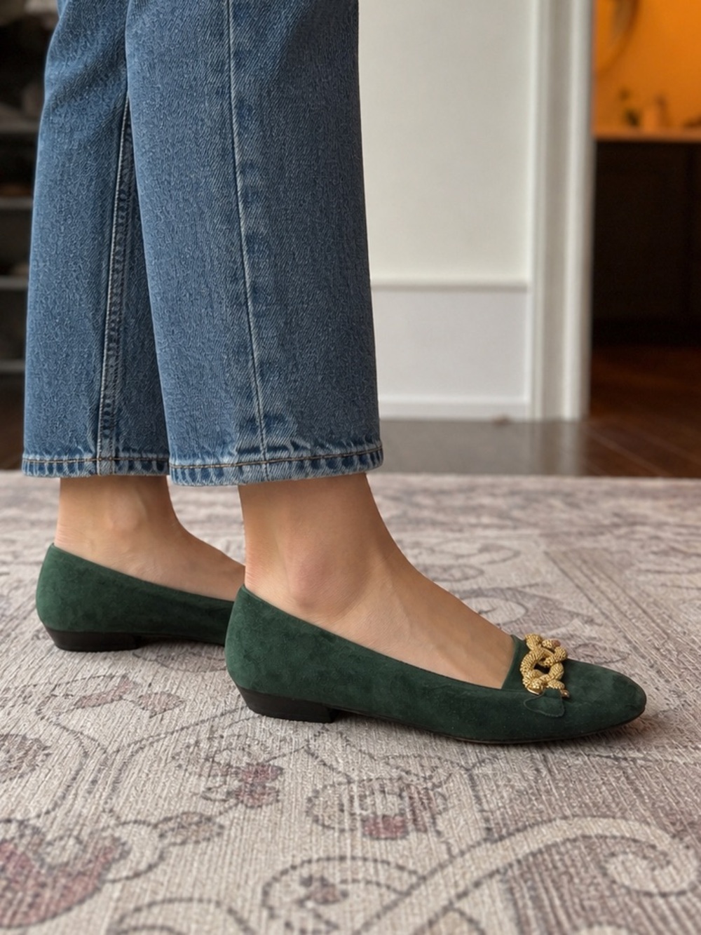 Green Suede Chain-Trim Ballet Flats